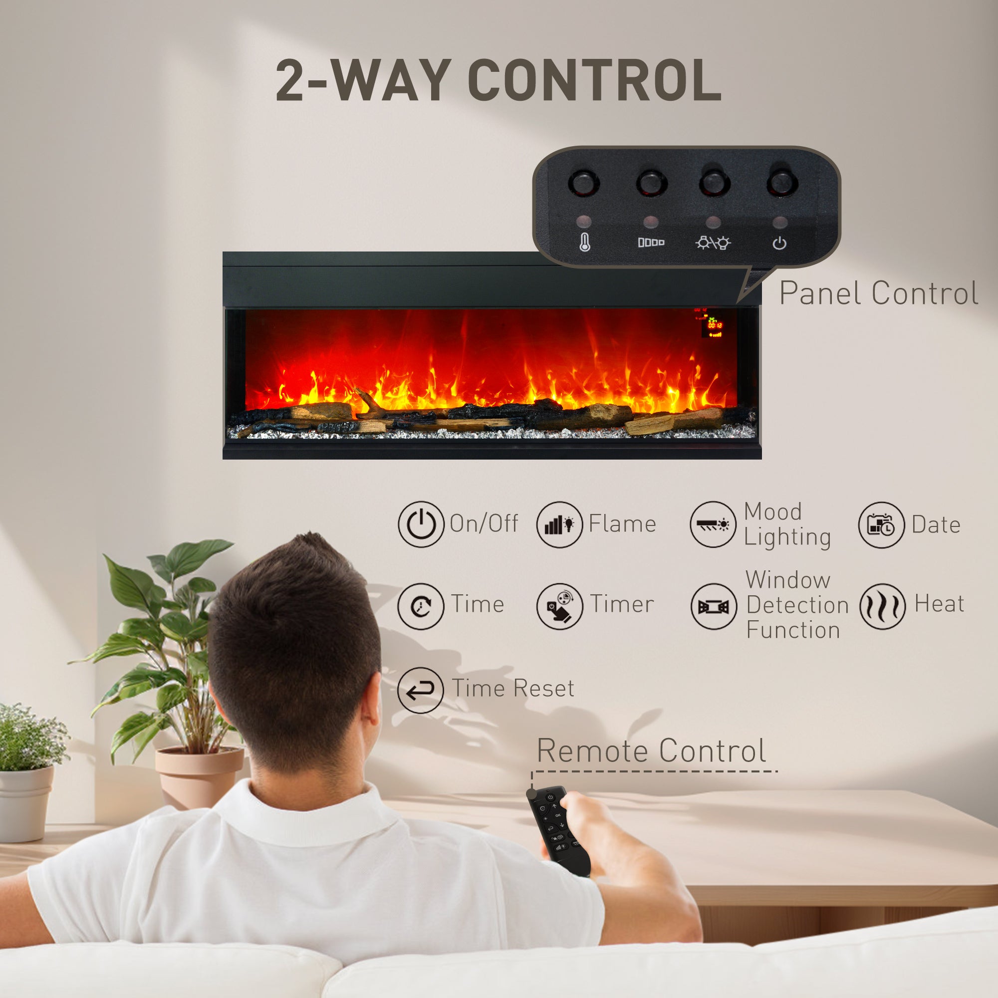 1800W 15-40℃ Adjustable Flame Glass Panel Convector Heater, 127cm